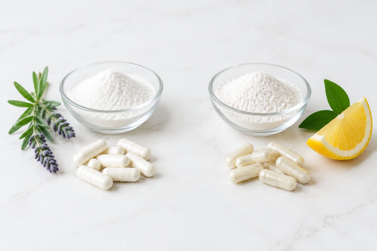 Two groups of supplement capsules sit beside dishes of white powder, a leafy sprig, and a citrus wedge.