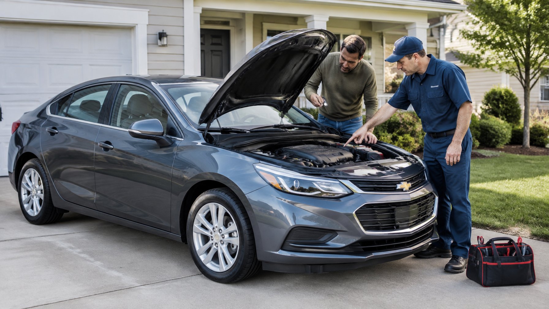 is a chevy cruze a reliable vehicle
A car owner and mechanic inspect a Chevrolet Cruze parked in a driveway.