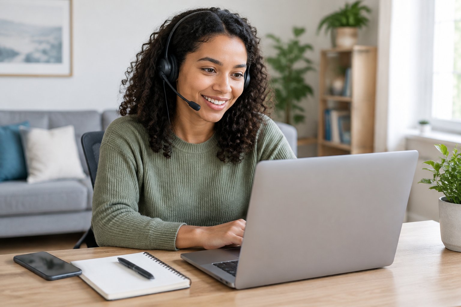 Una agente de atención al cliente trabaja desde casa con un auricular y una computadora portátil.