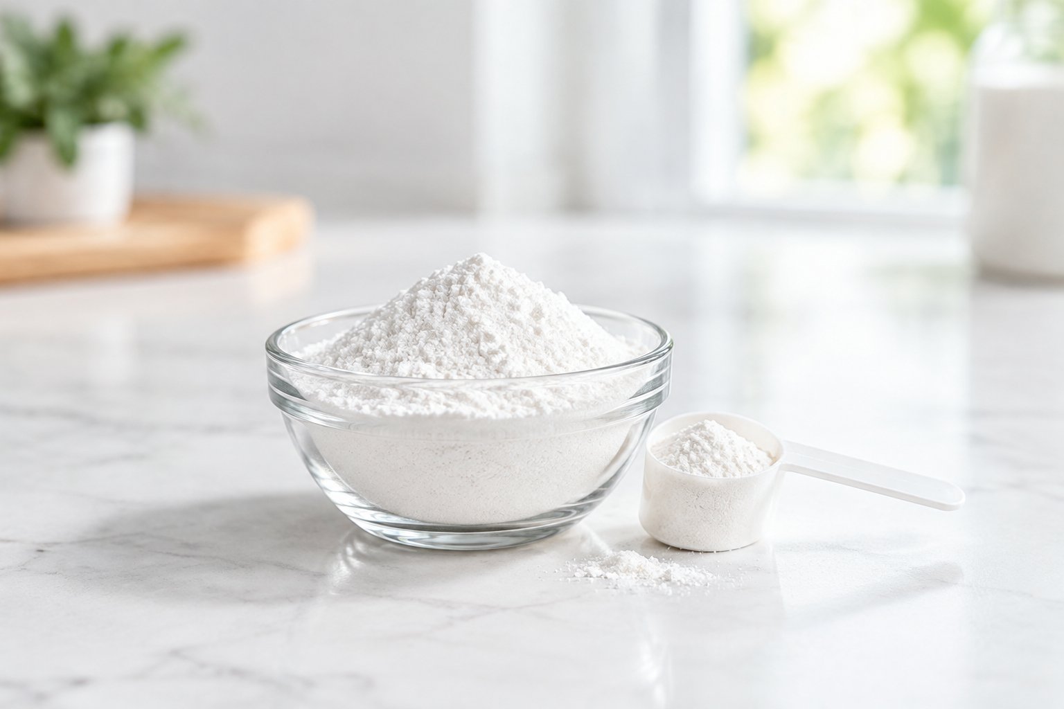 A glass bowl of white powder with a small scoop on a countertop.