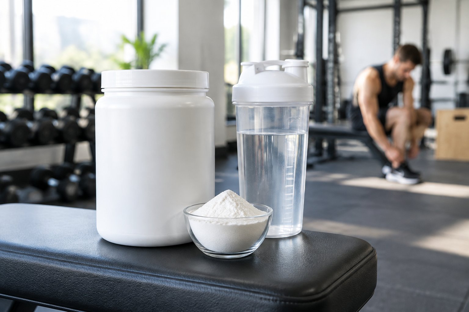 A white supplement tub, bowl of powder, and water shaker on a gym bench.