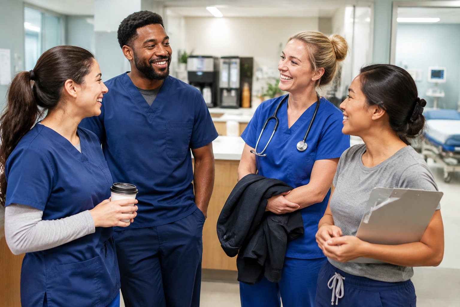 Emergency room nurses in T-shirts gather in a hospital break area.