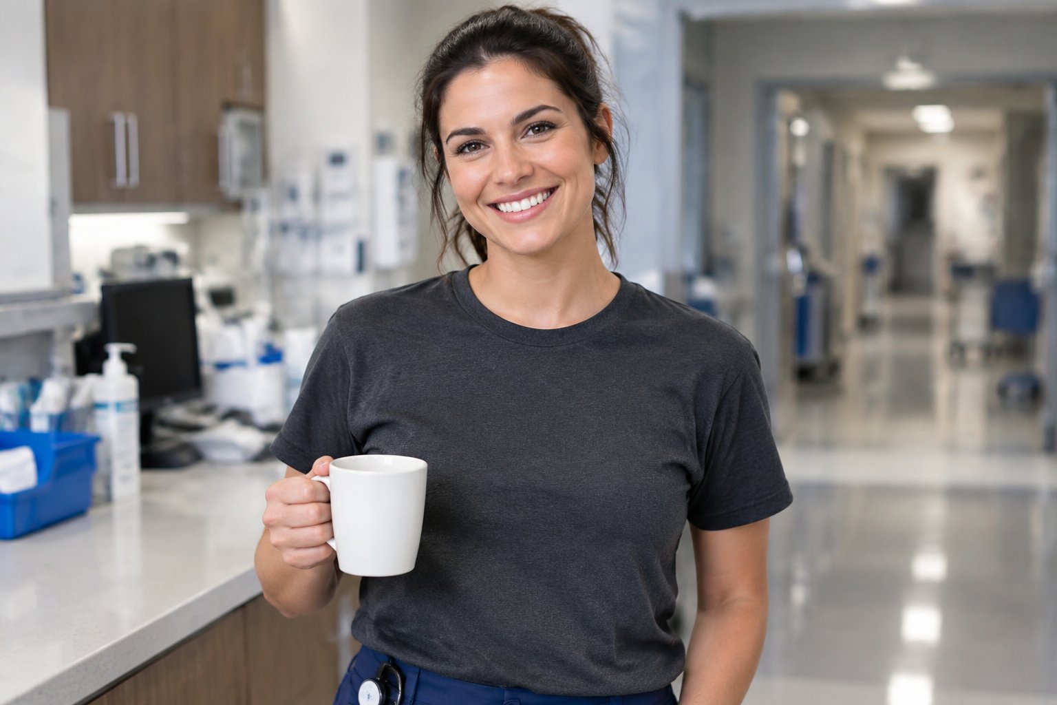 An emergency room nurse holds a coffee mug in a hospital break area.