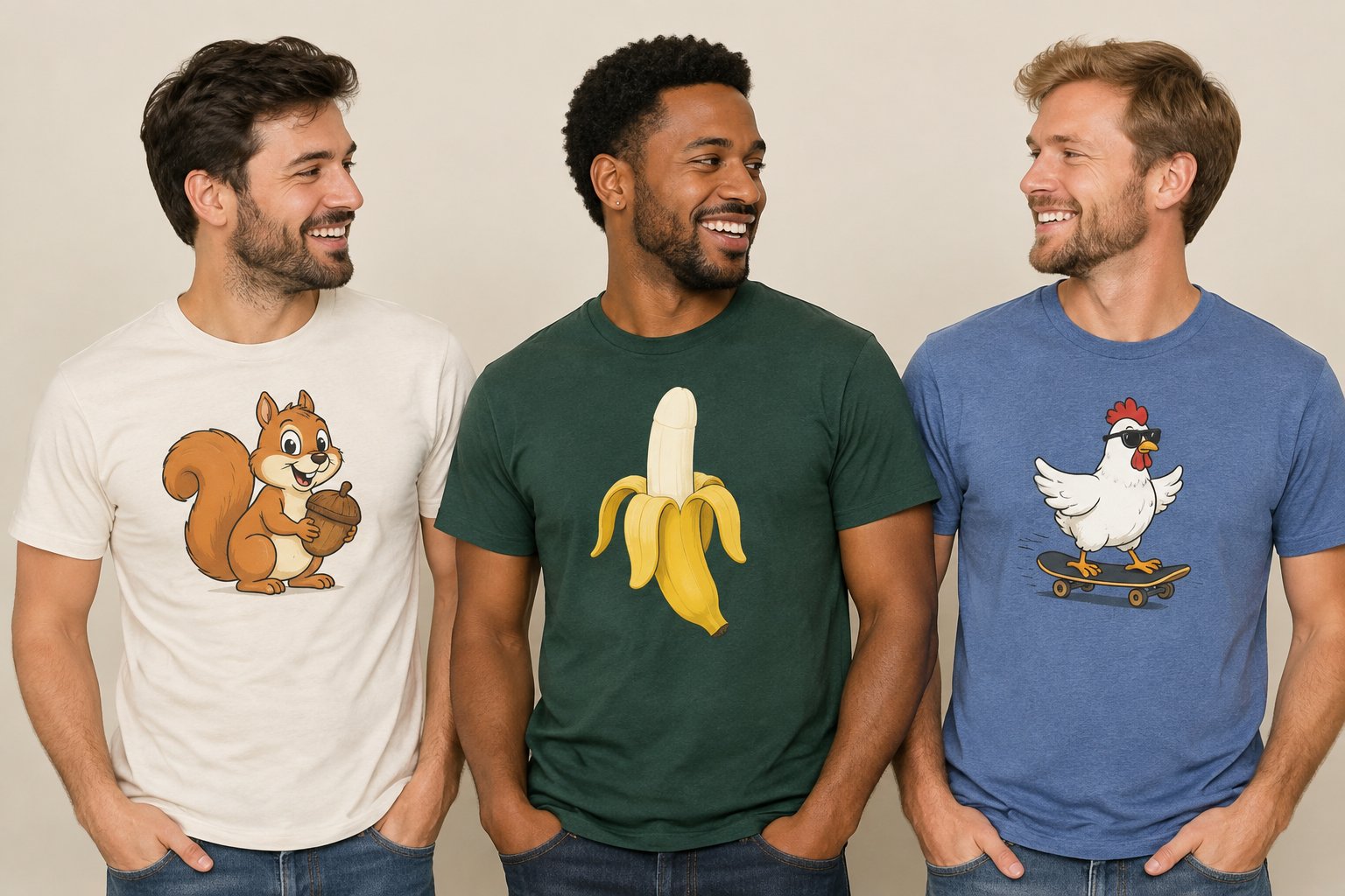 Three men smile together while wearing graphic T-shirts.
