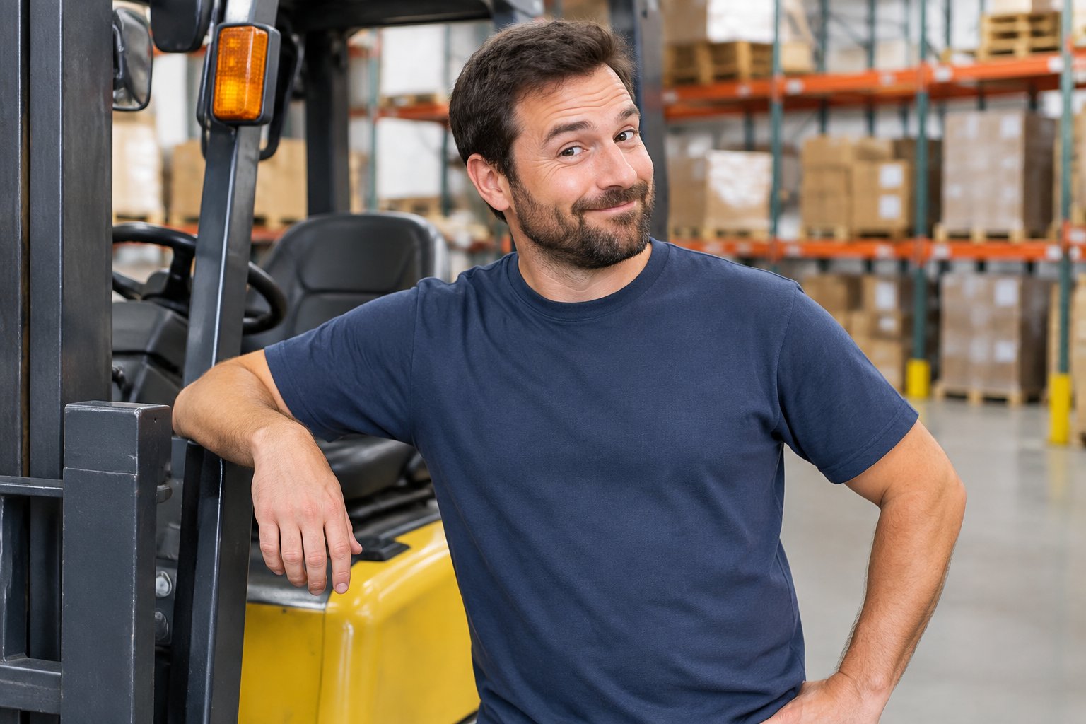 A man in a plain T-shirt stands beside a forklift in a warehouse.