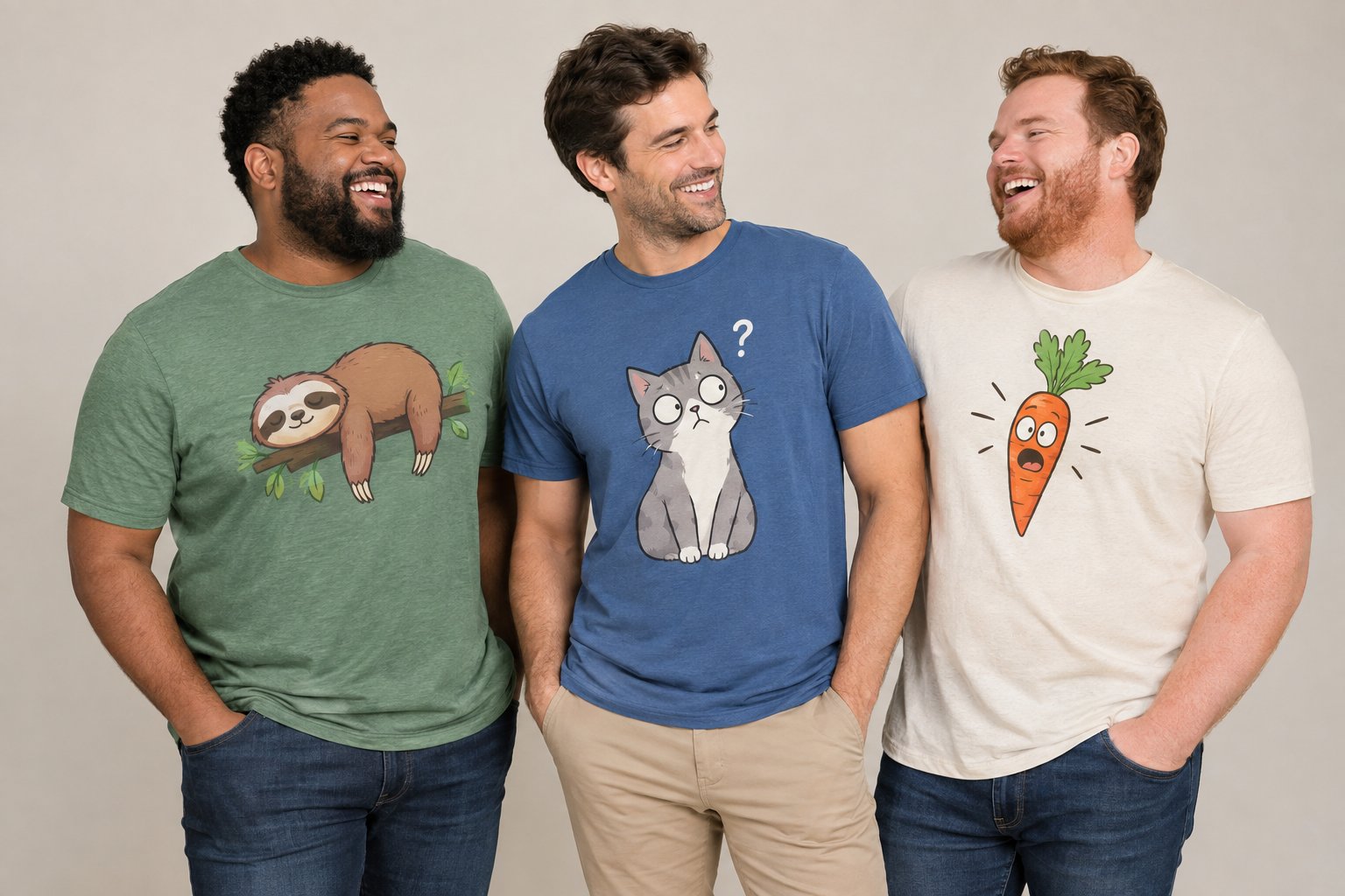 Three men wearing illustrated T-shirts stand together and laugh.
