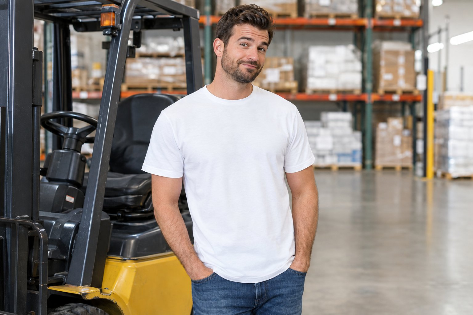 A man wearing a plain T-shirt stands beside a forklift in a warehouse.