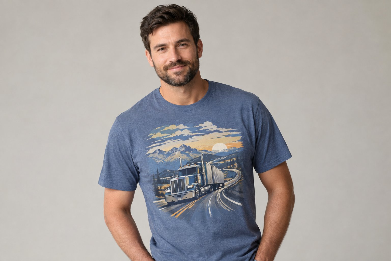 An adult wearing a T-shirt with an illustration of a semi-truck on an open highway.