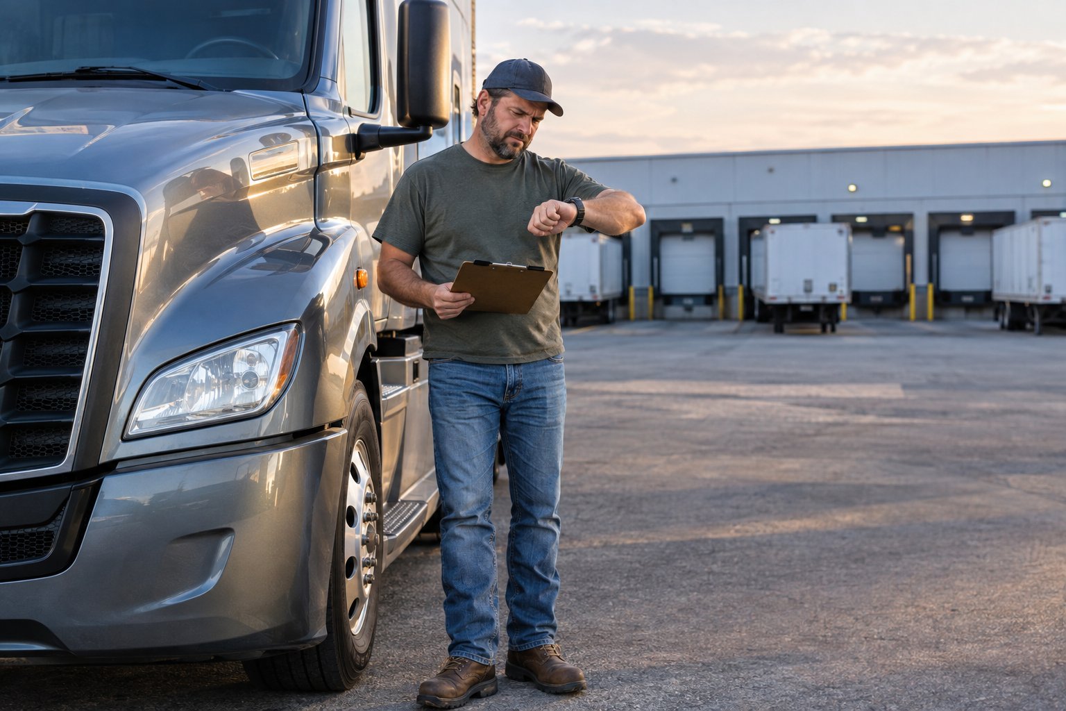 A truck driver checks a clipboard beside a semi-truck at a freight yard.