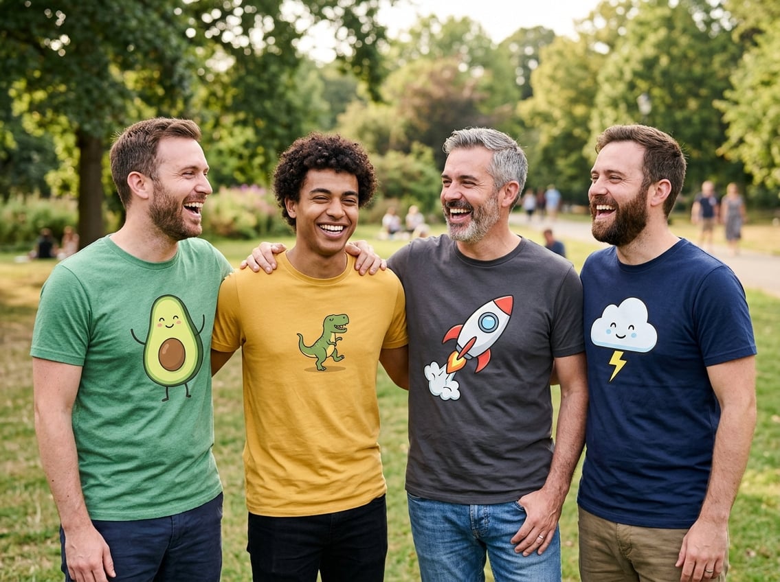 A group of men laugh together while wearing colorful graphic T-shirts.