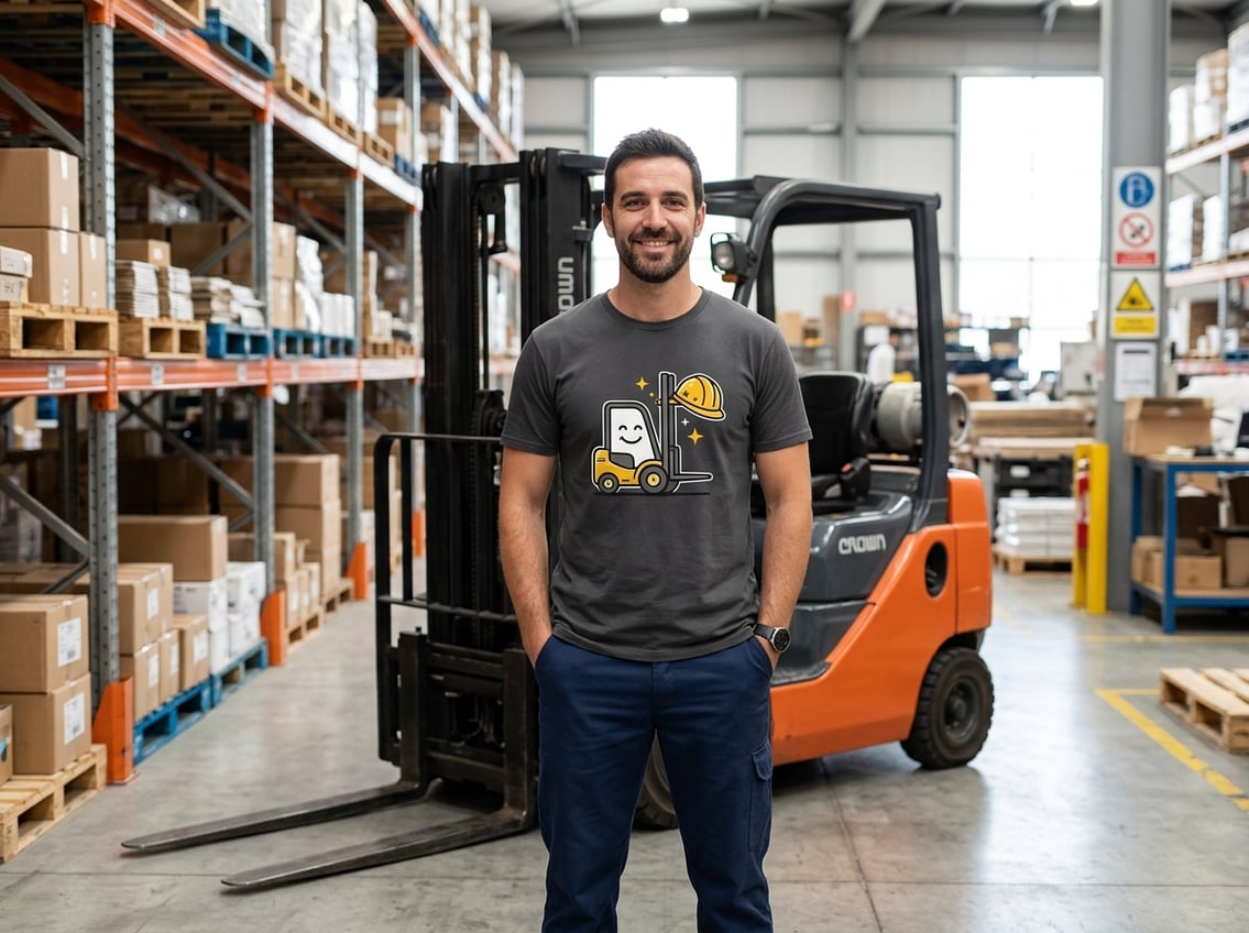 A man wearing a forklift-themed T-shirt stands beside a forklift in a warehouse.