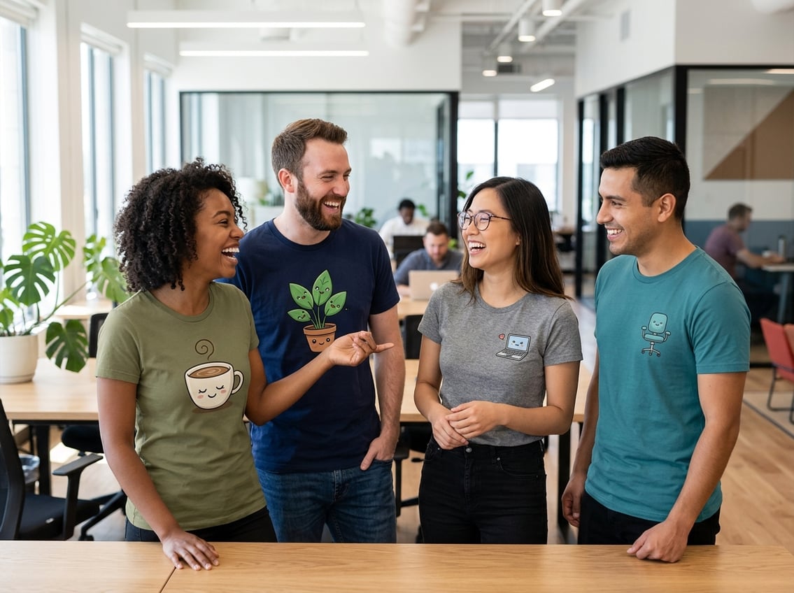 Coworkers laugh together while wearing playful graphic T-shirts in an office.