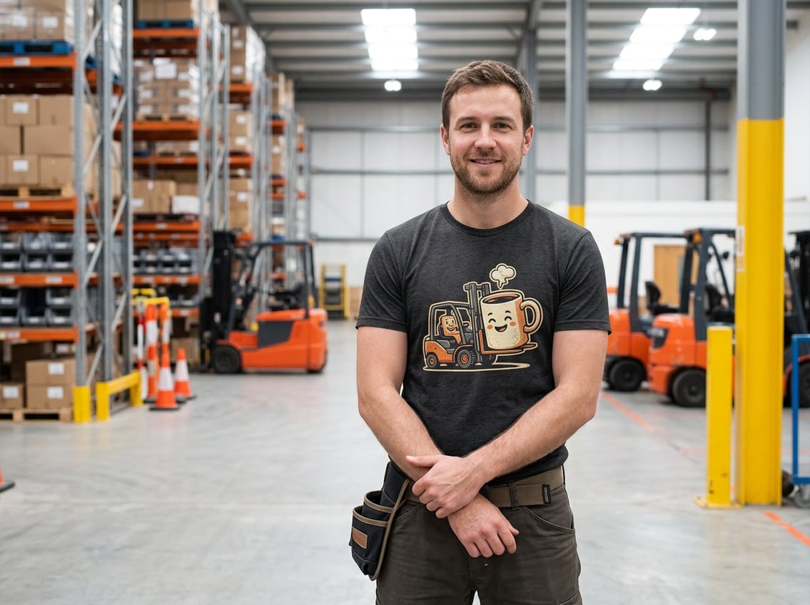 A warehouse worker wearing a T-shirt with a small forklift carrying a coffee mug.