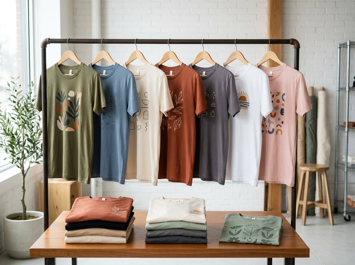 A collection of graphic T-shirts arranged on hangers and folded on a display.