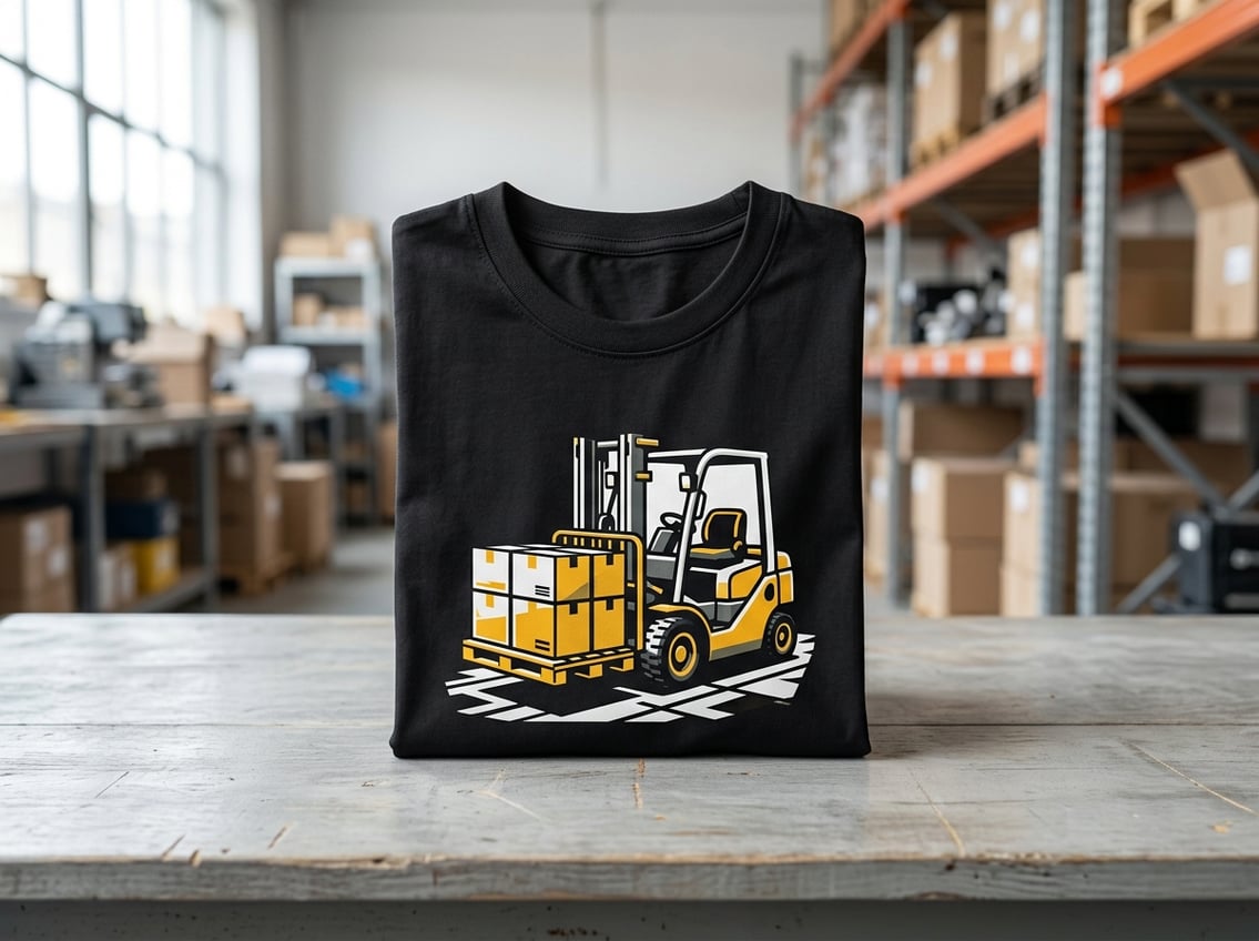 A black T-shirt with a forklift illustration rests on a workbench in a warehouse.
