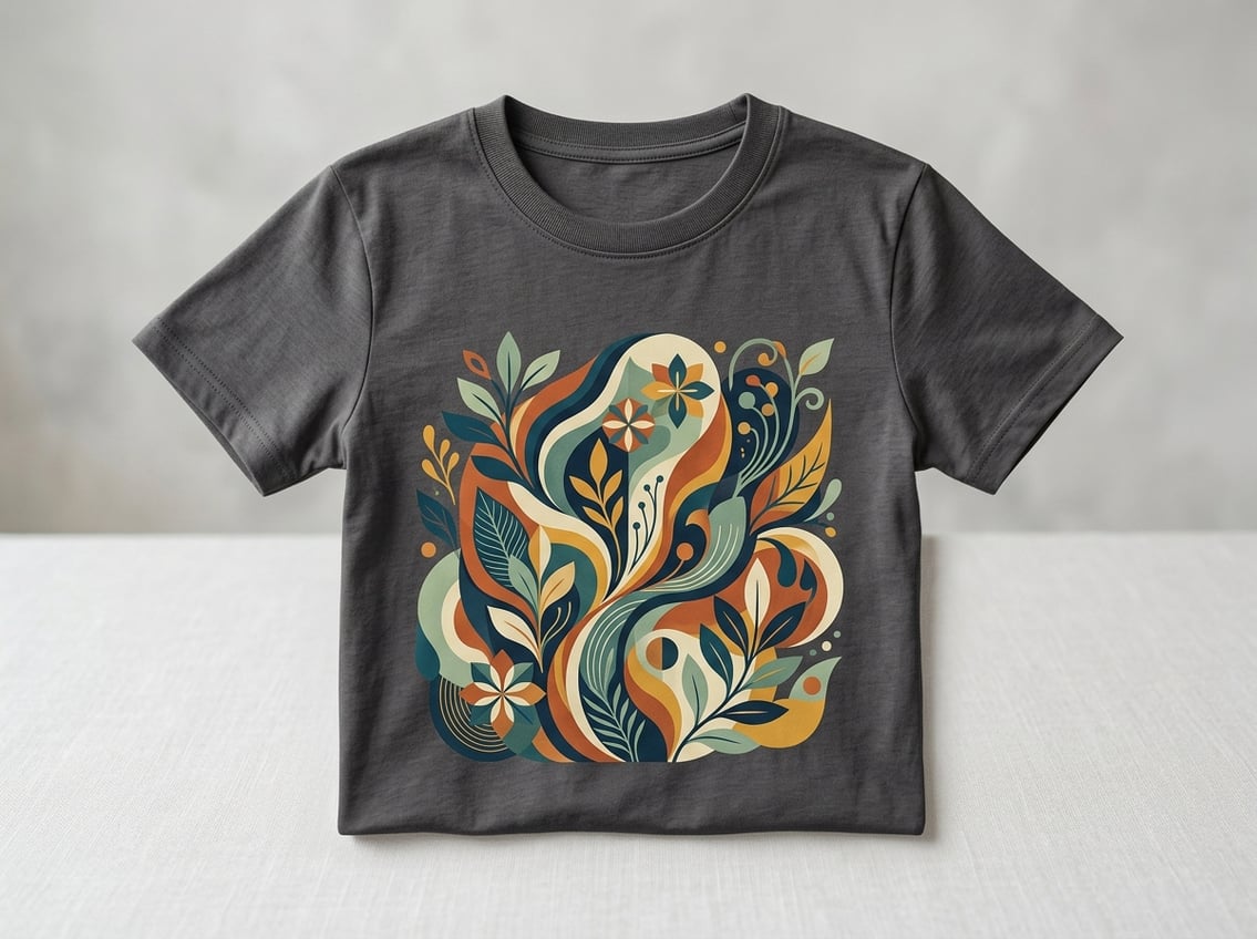 A folded T-shirt with a colorful graphic on the front.