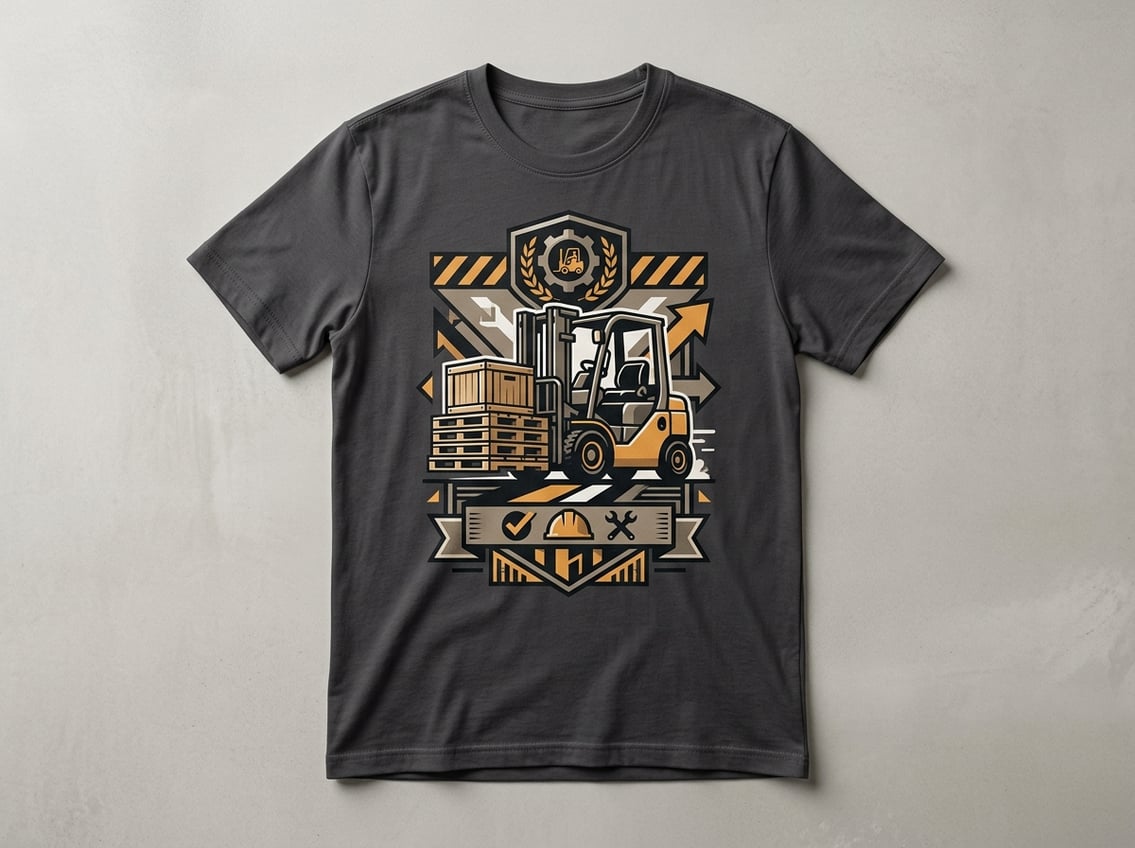 A T-shirt featuring an illustration of a forklift carrying a pallet.
