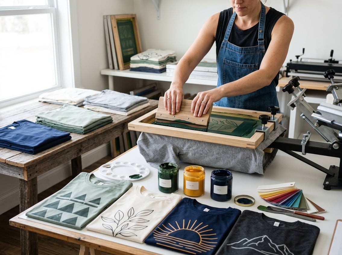 An artist screen-prints a graphic on a T-shirt beside colorful shirts and design supplies.