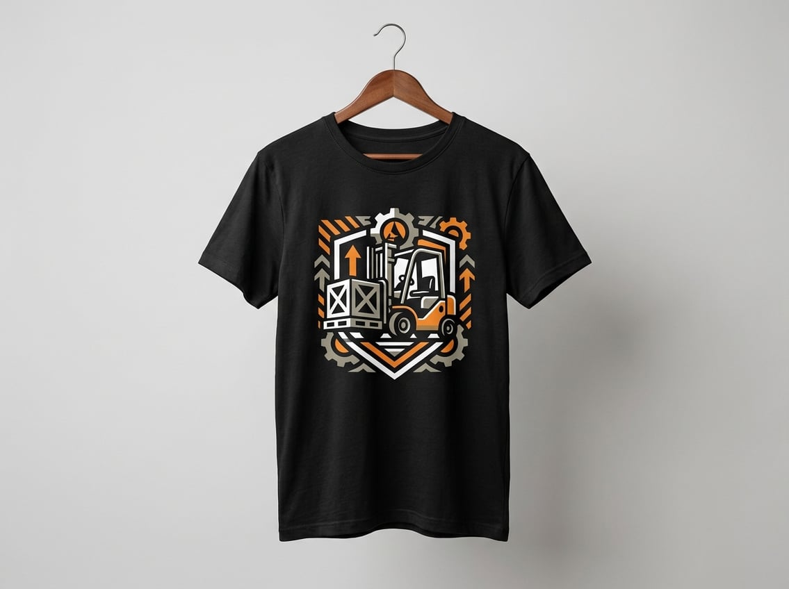 A black T-shirt with a forklift-inspired graphic hanging against a plain background.