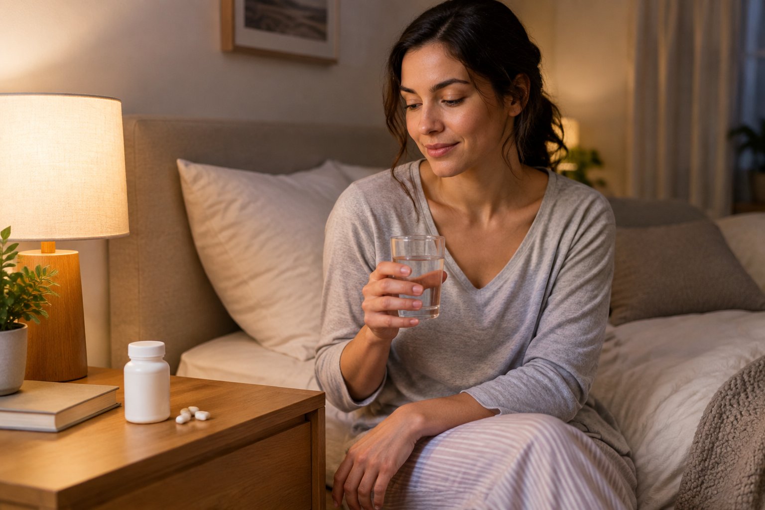 A relaxed adult sits beside a bed with a glass of water and supplement capsules on the bedside table.