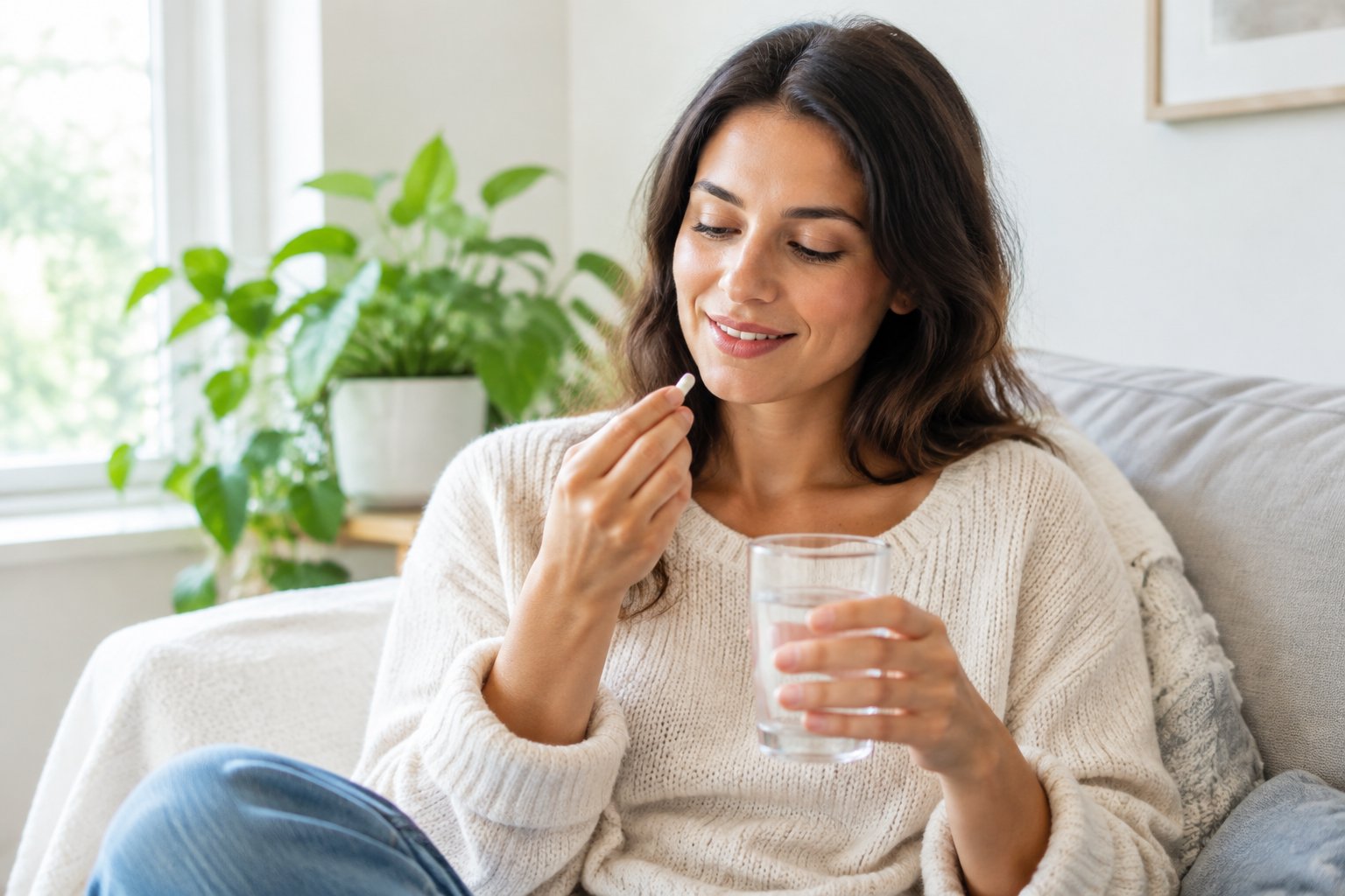 An adult takes a capsule with a glass of water at home.