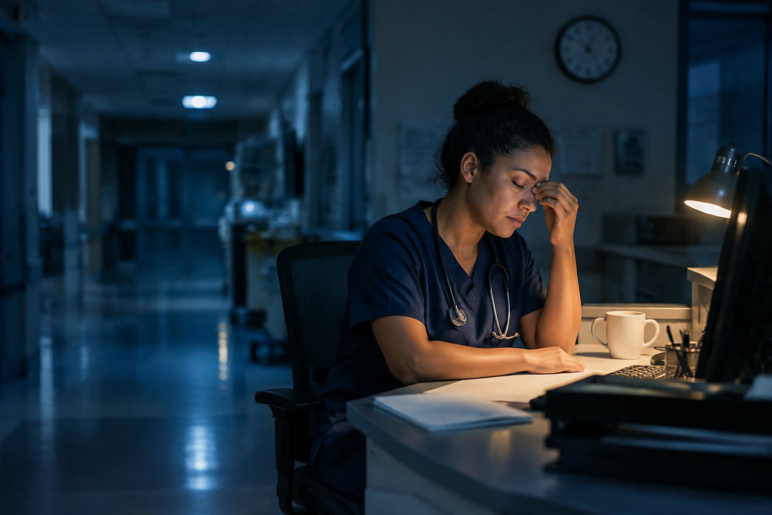 A tired healthcare worker pauses at a nurses' station during a night shift.