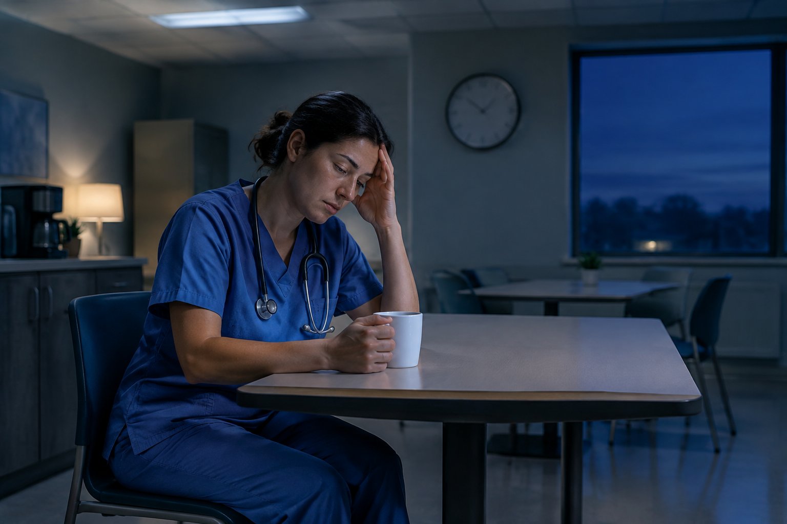 A tired healthcare worker sits alone in a break room before dawn, rubbing their temple and holding a cup of coffee.