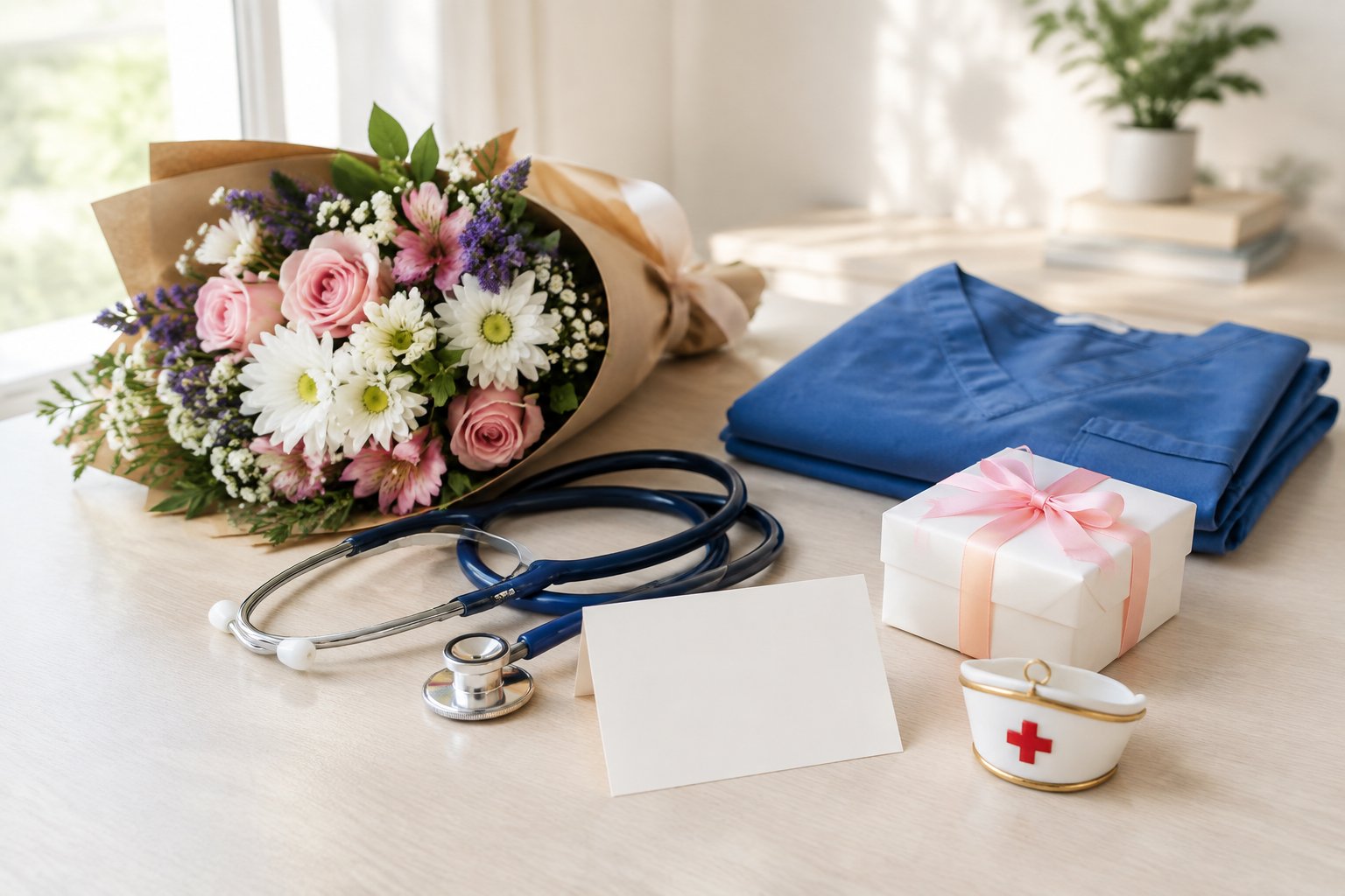 A bouquet, stethoscope, scrubs, and wrapped gifts arranged on a table.