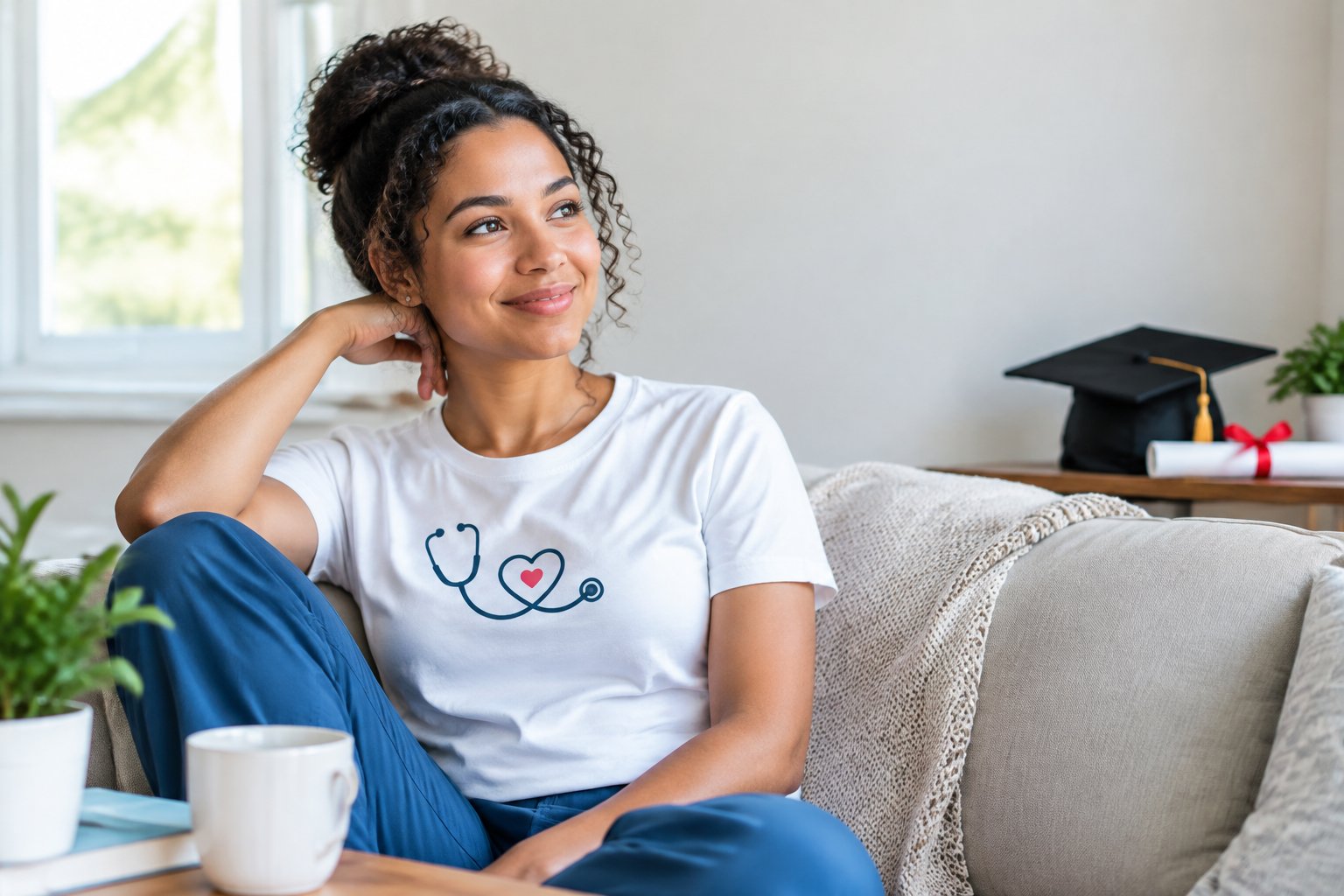 A newly graduated nurse relaxes at home wearing a nurse-themed T-shirt.