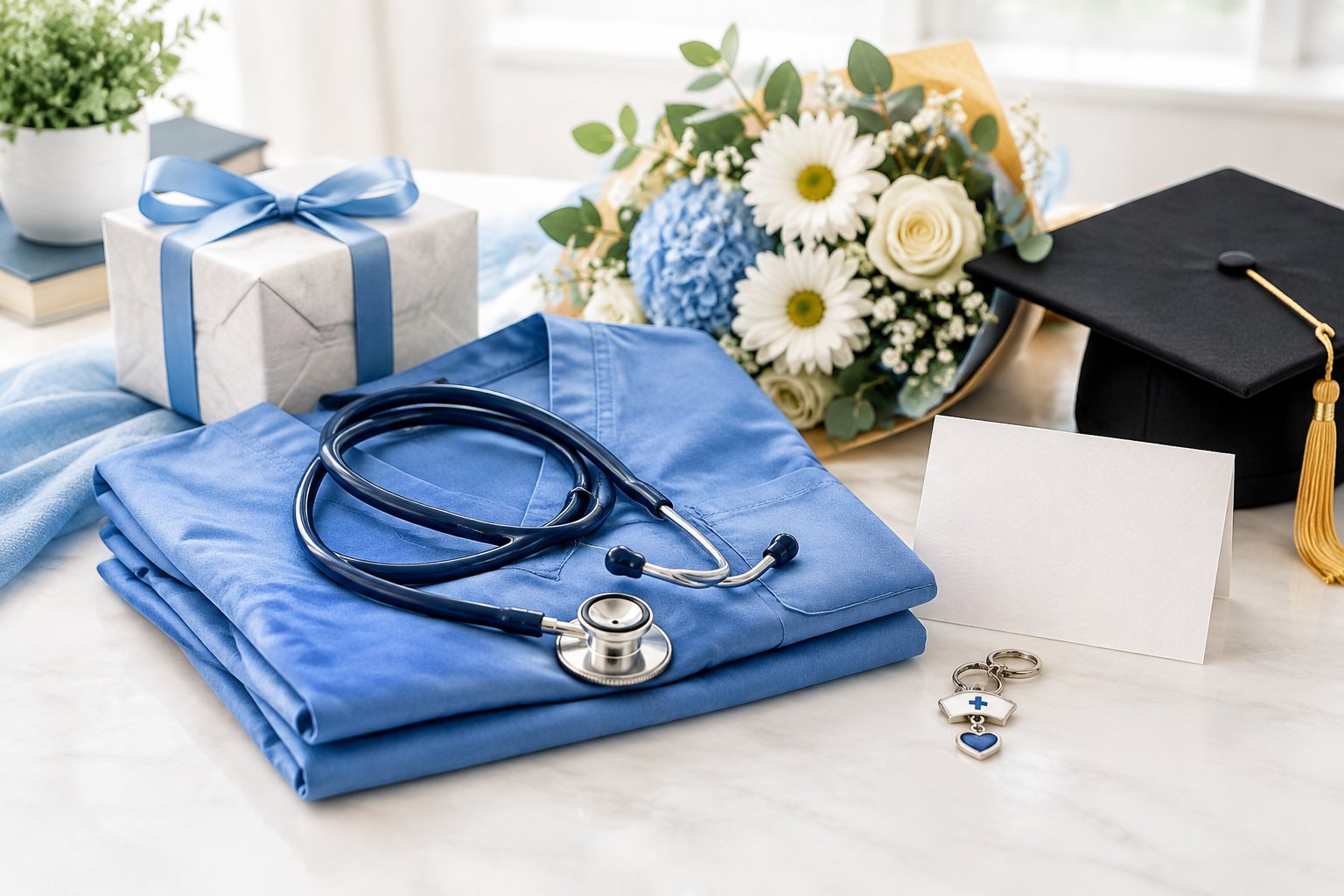 A graduation cap and a collection of gifts for a nursing graduate sit on a table.