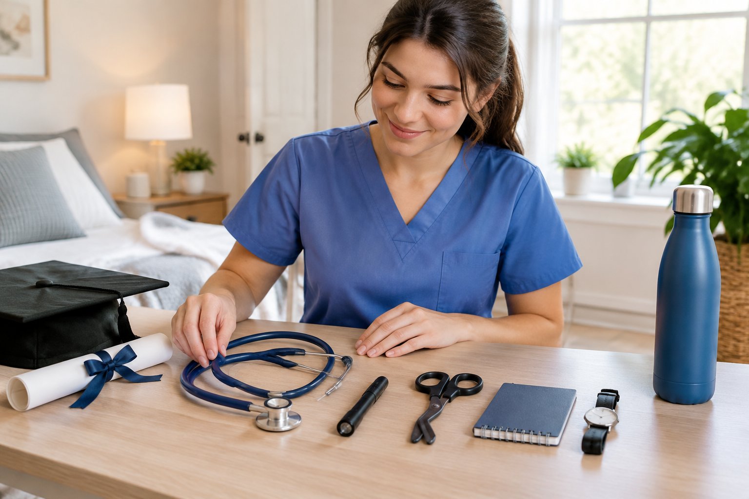 A newly graduated nurse arranges nursing tools and a diploma on a table.
