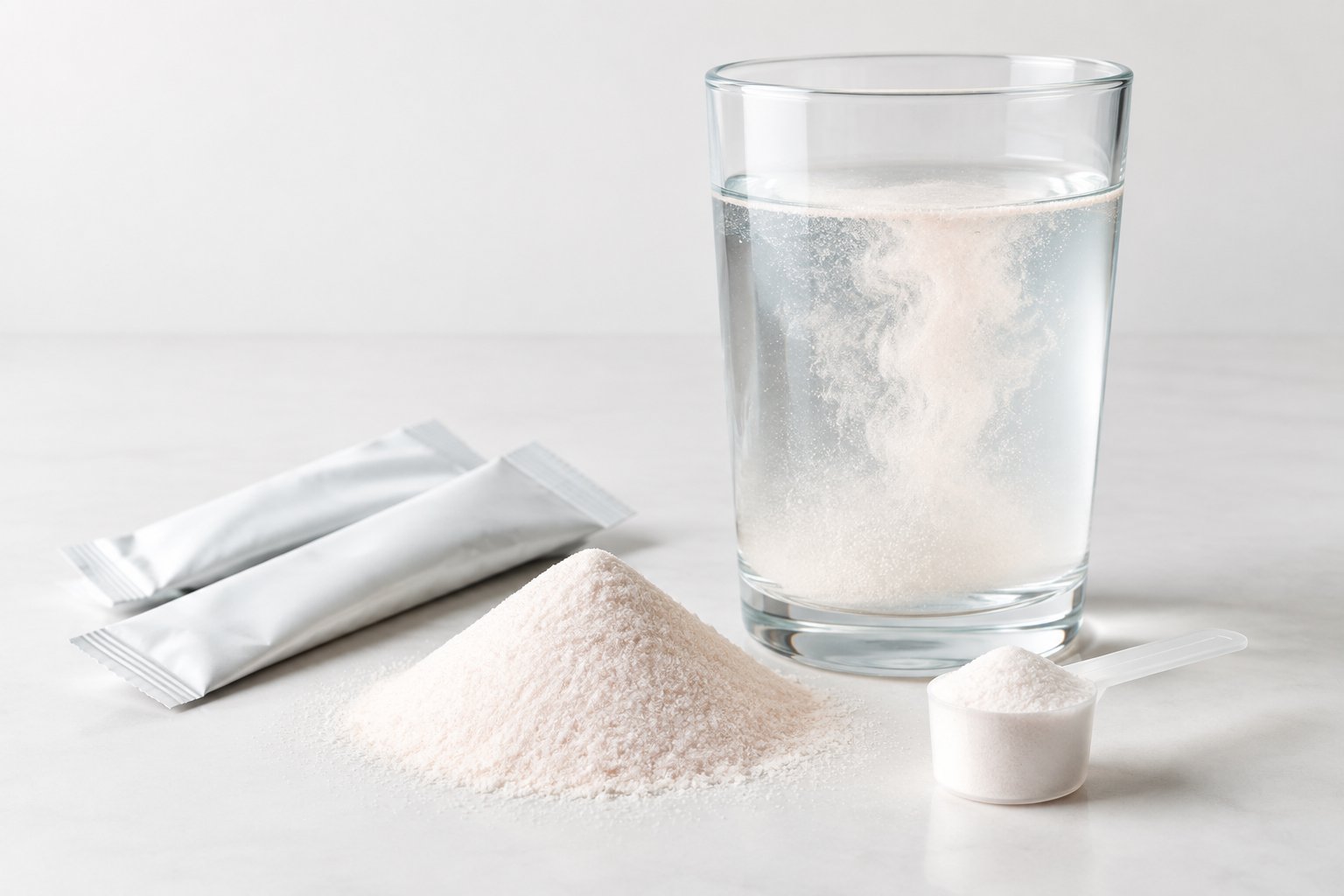 A glass of mixed electrolyte drink beside a mound of powdered drink mix and plain sachets.