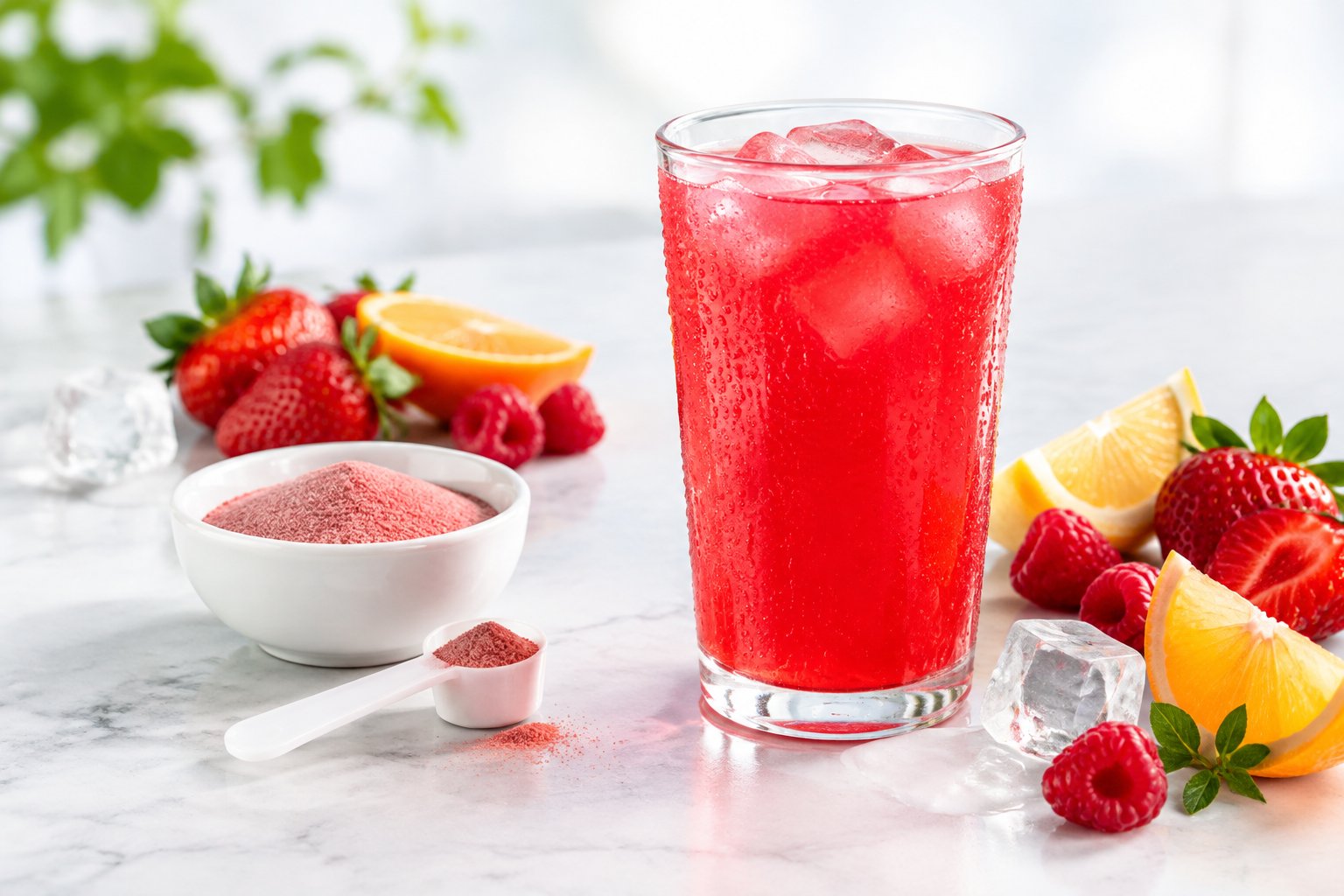 A glass of red fruit punch surrounded by berries, citrus wedges, and drink powder.