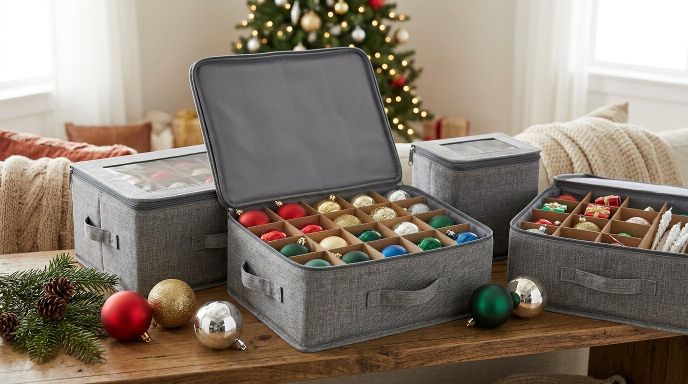 Open storage containers hold colorful Christmas ornaments in divided compartments.