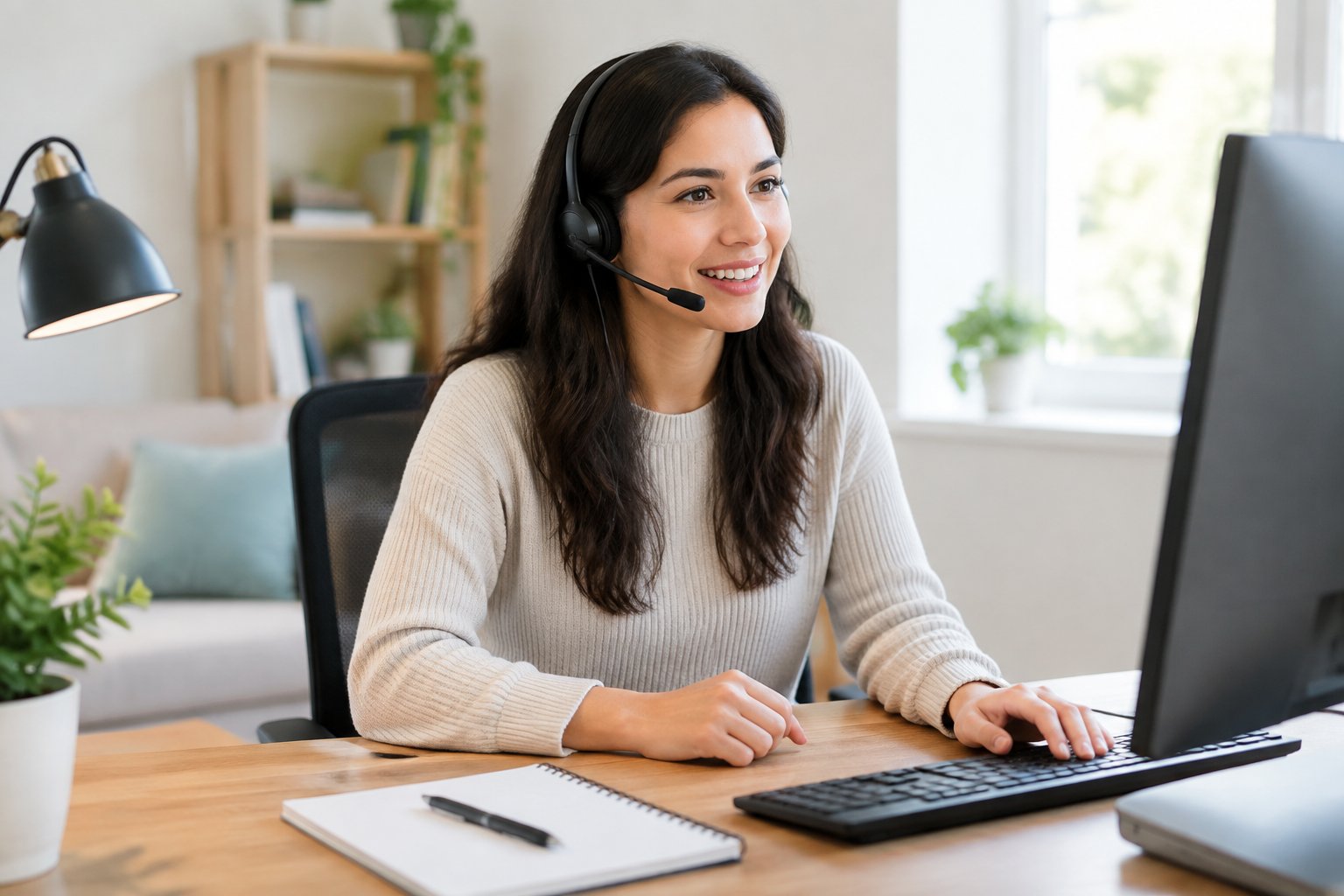 Una persona trabaja desde casa atendiendo una llamada con auriculares frente a una computadora.
