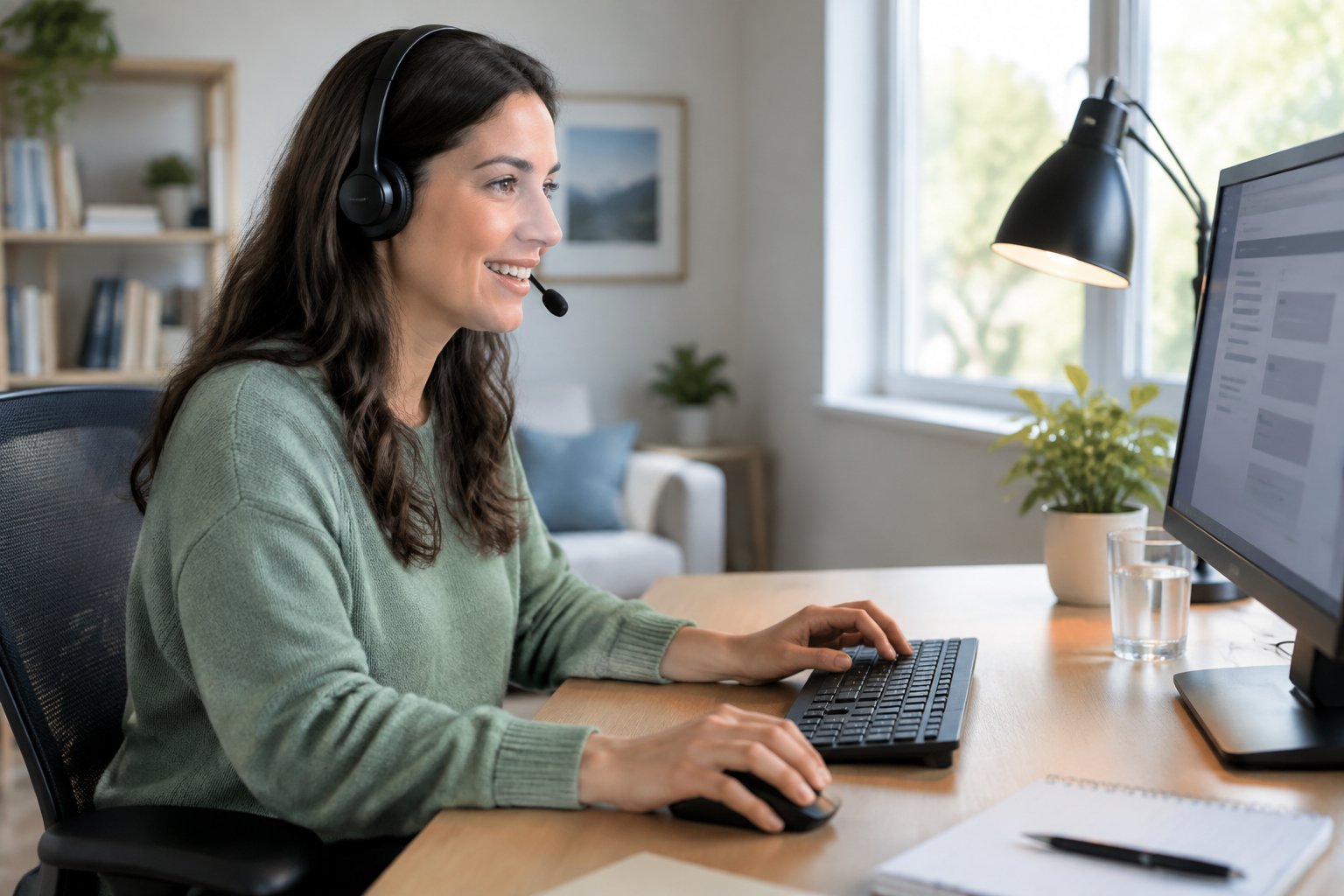 Una persona trabaja desde casa atendiendo una llamada con auriculares frente a una computadora.