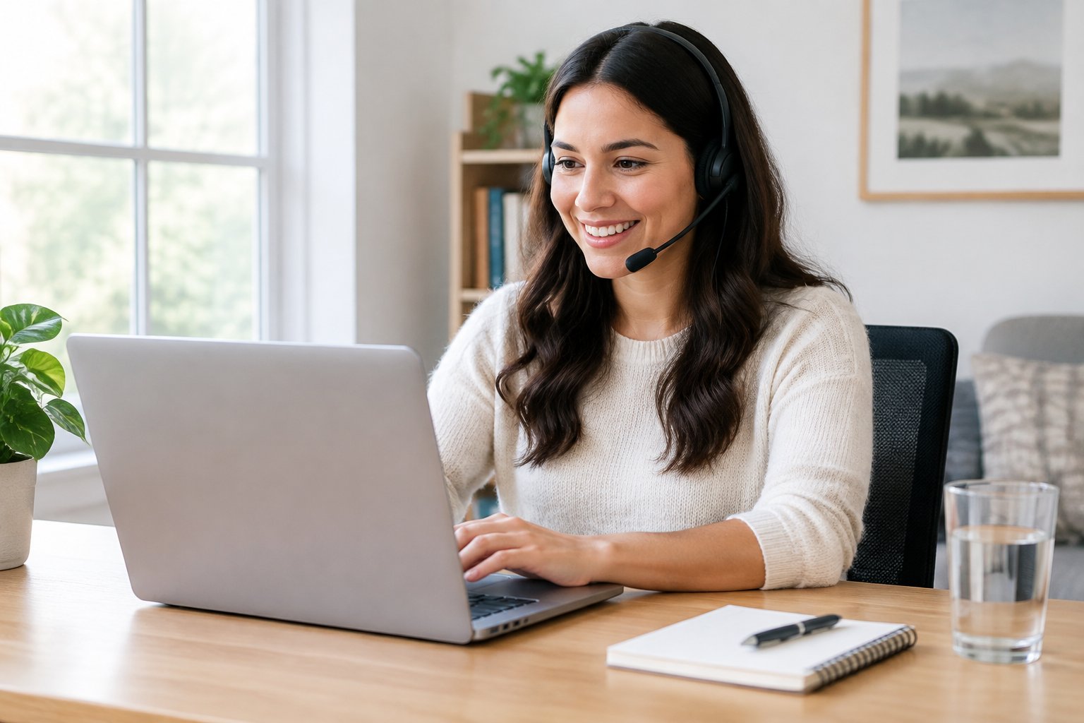 Una persona trabaja desde casa con auriculares y un portátil.