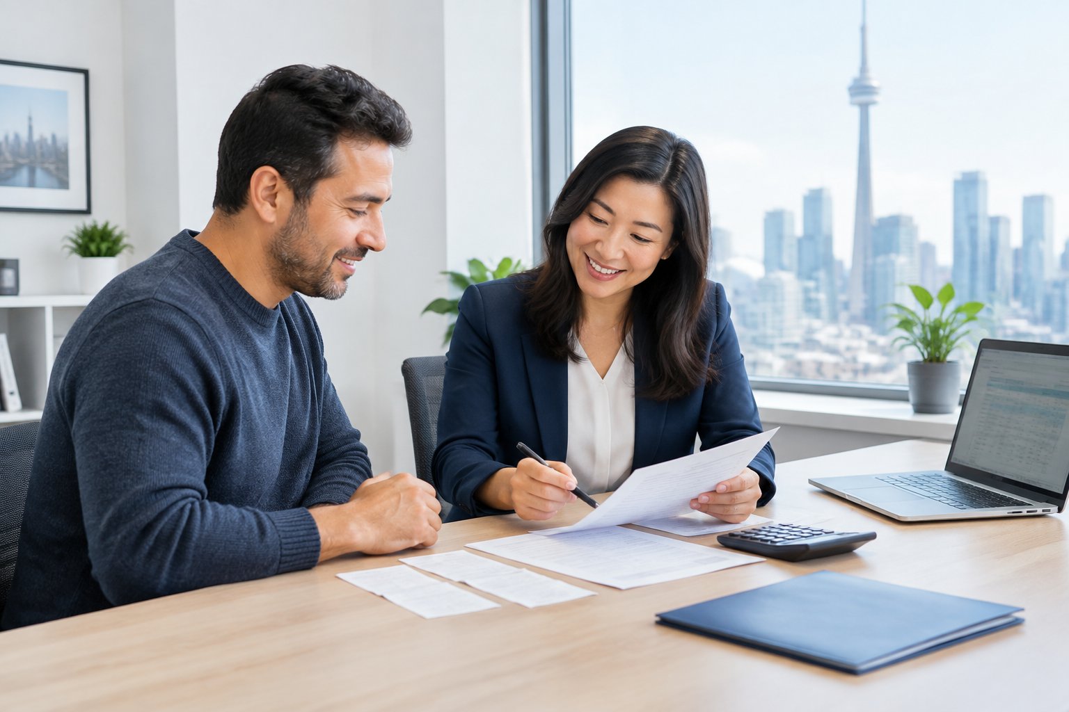 A small-business owner reviews financial papers with a tax professional in a Toronto office.