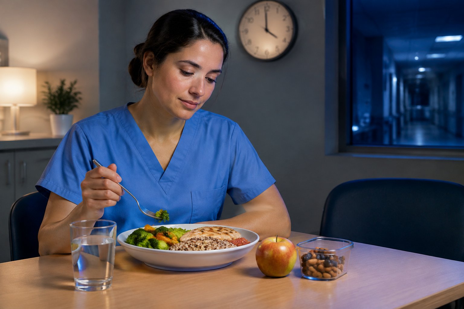 A healthcare worker eats a balanced meal during a night shift.