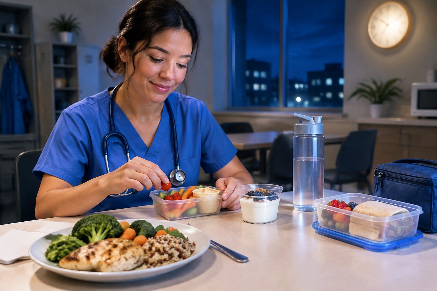A night-shift healthcare worker sits at a table with a meal, a snack, and a packed breakfast.