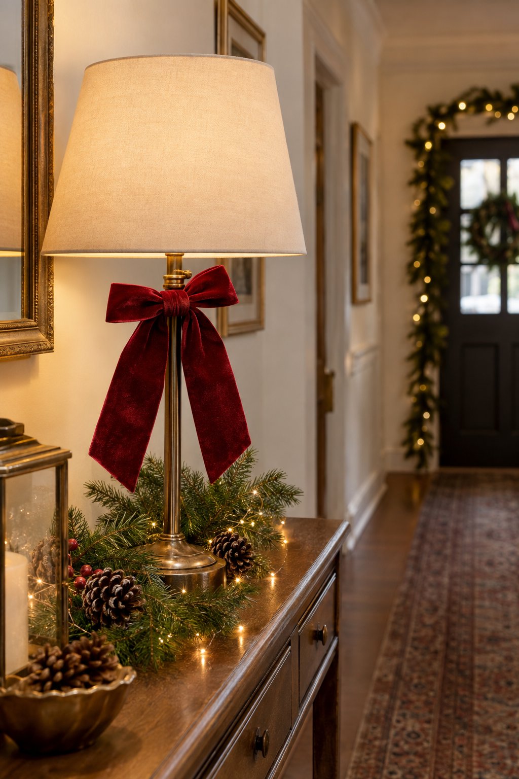A velvet bow is tied around a table lamp on a decorated hallway table.
