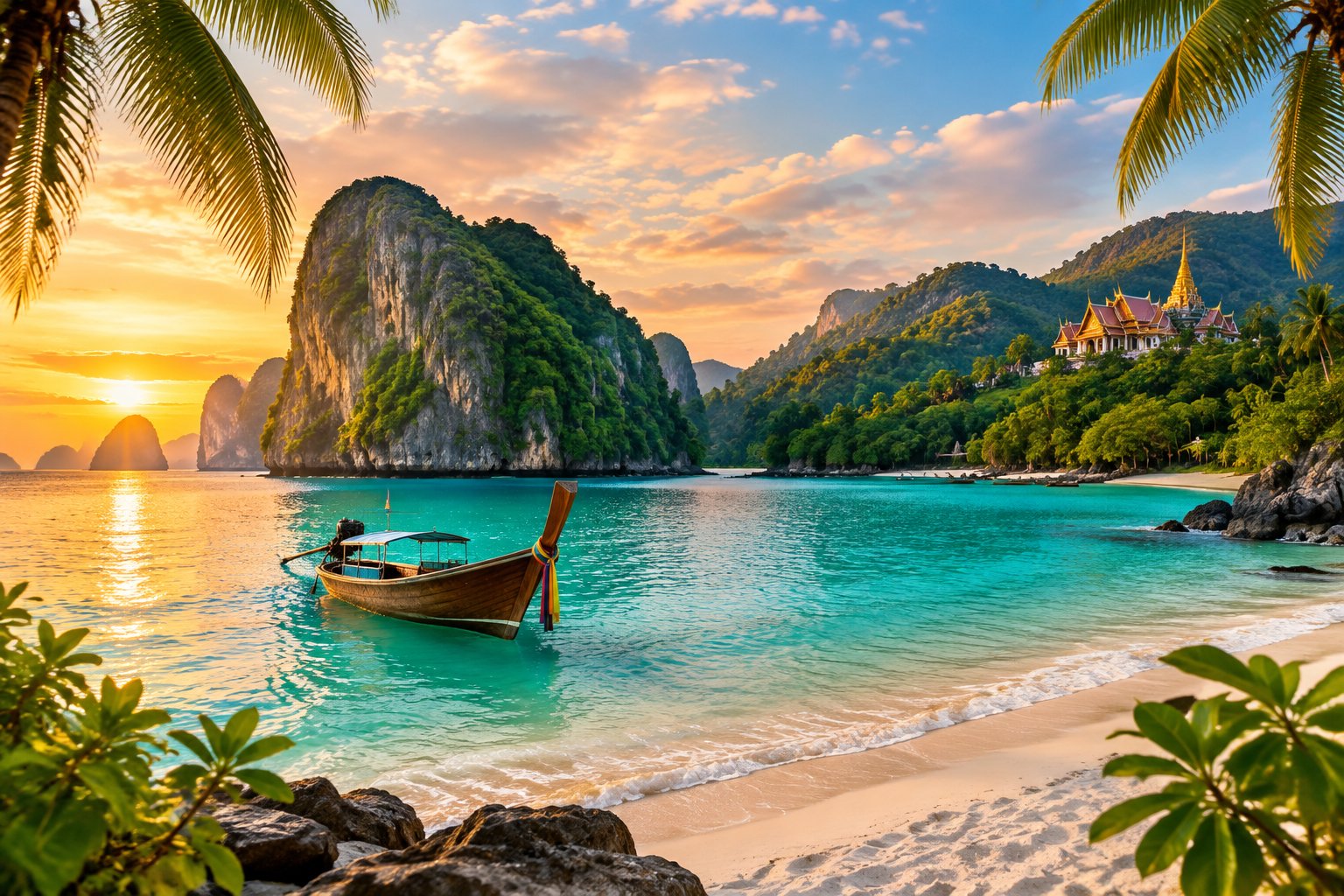 A long-tail boat floats beside a tropical beach, with limestone cliffs and a Thai temple in the distance.