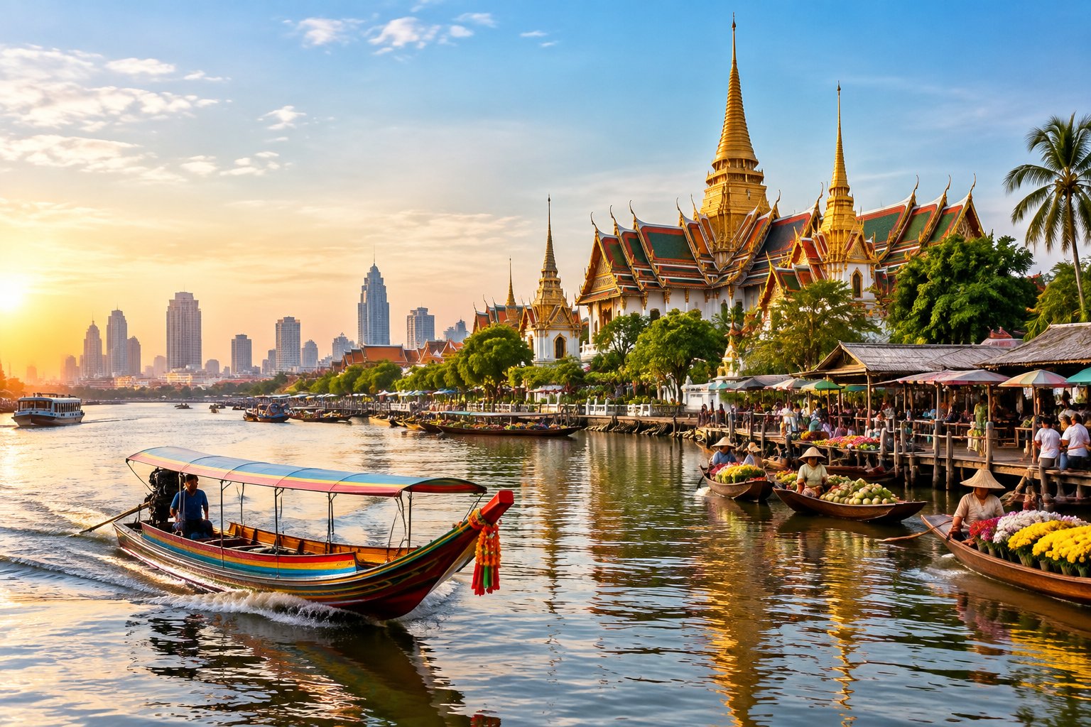 A long-tail boat passes a Bangkok temple and a busy floating market.