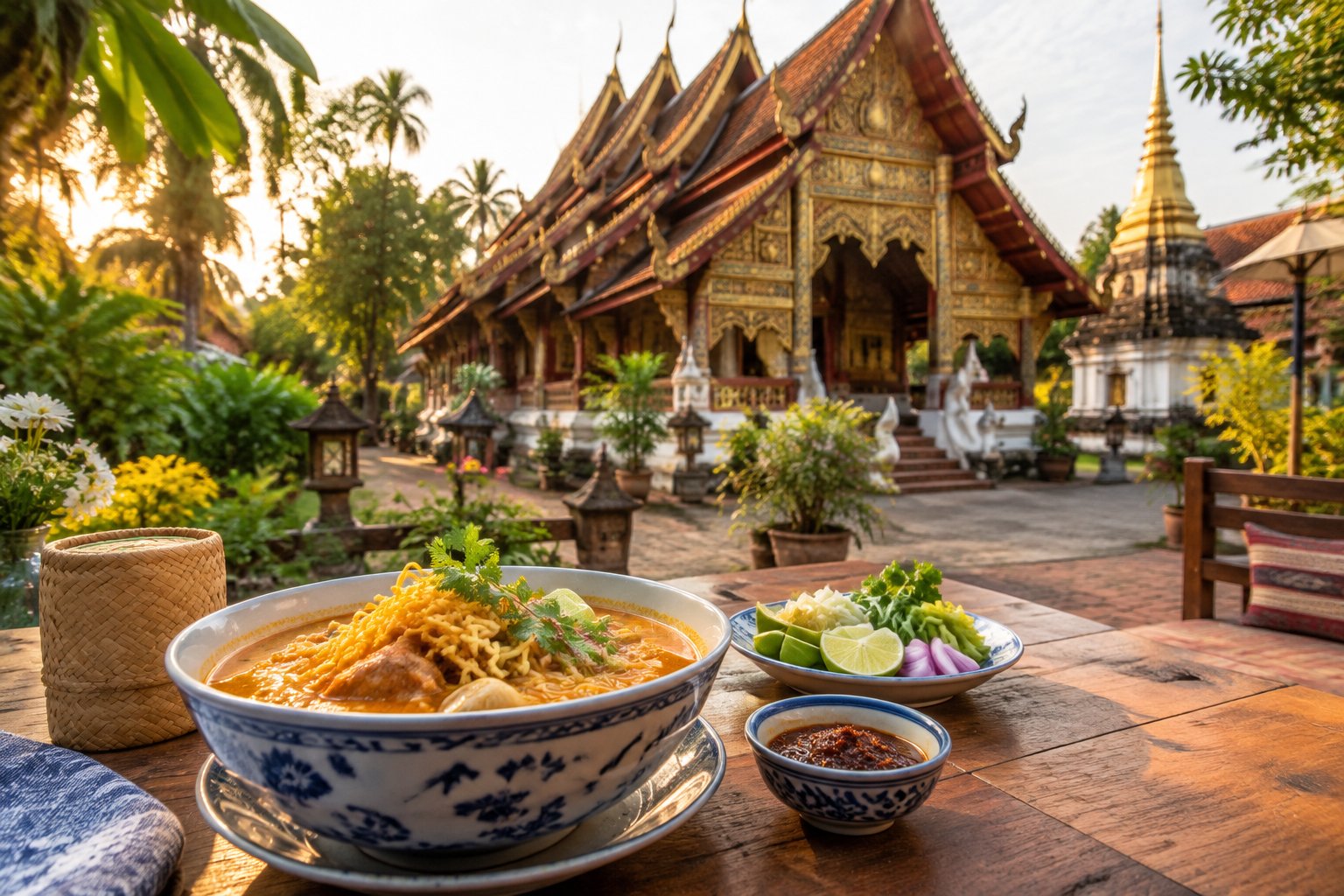 Northern Thai dishes served in front of an ornate temple in Chiang Mai.