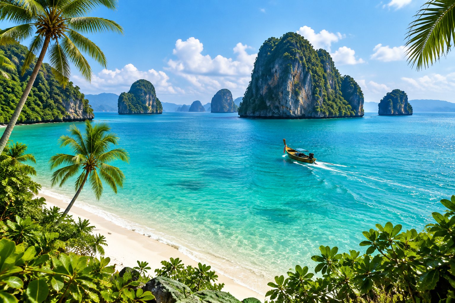 A longtail boat crosses turquoise water toward limestone islands beside a tropical beach.