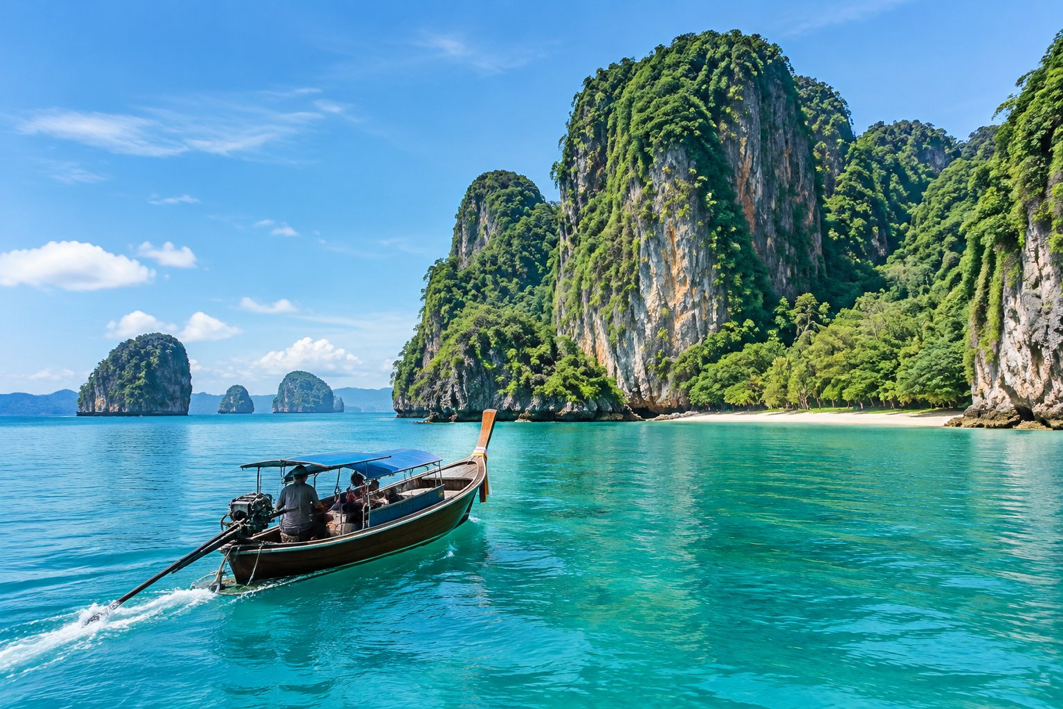 A long-tail boat cruises toward limestone cliffs in the turquoise waters of Krabi.