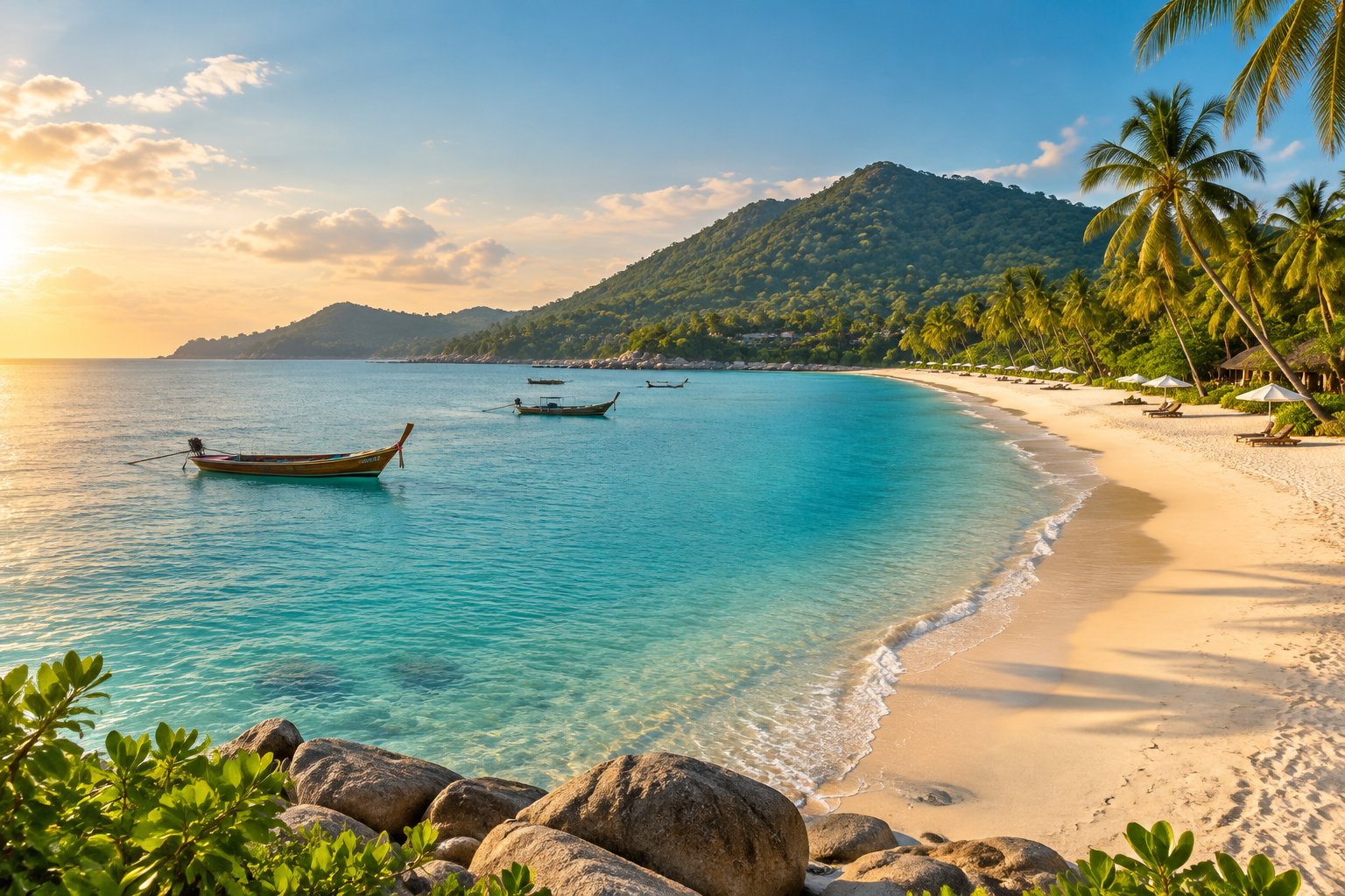 A palm-lined beach on Koh Samui with turquoise water, long-tail boats, and green hills.