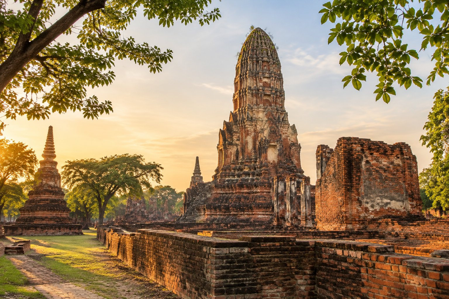 Ancient brick temple ruins among trees in Ayutthaya, Thailand.