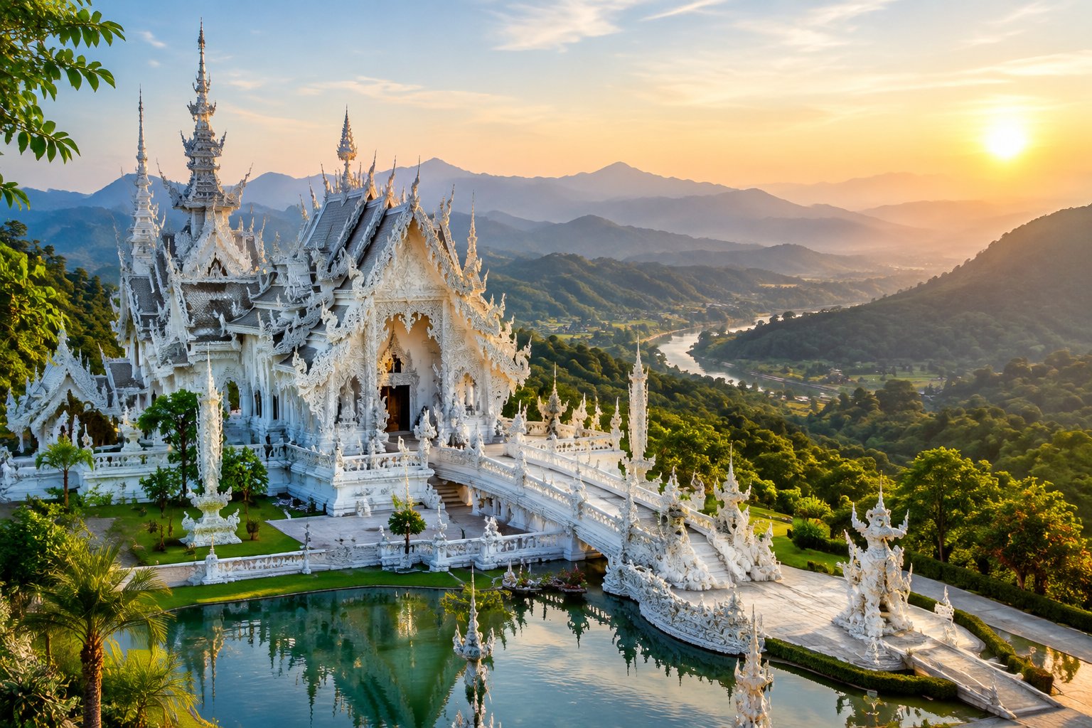 An ornate white temple stands before green hills in Chiang Rai.