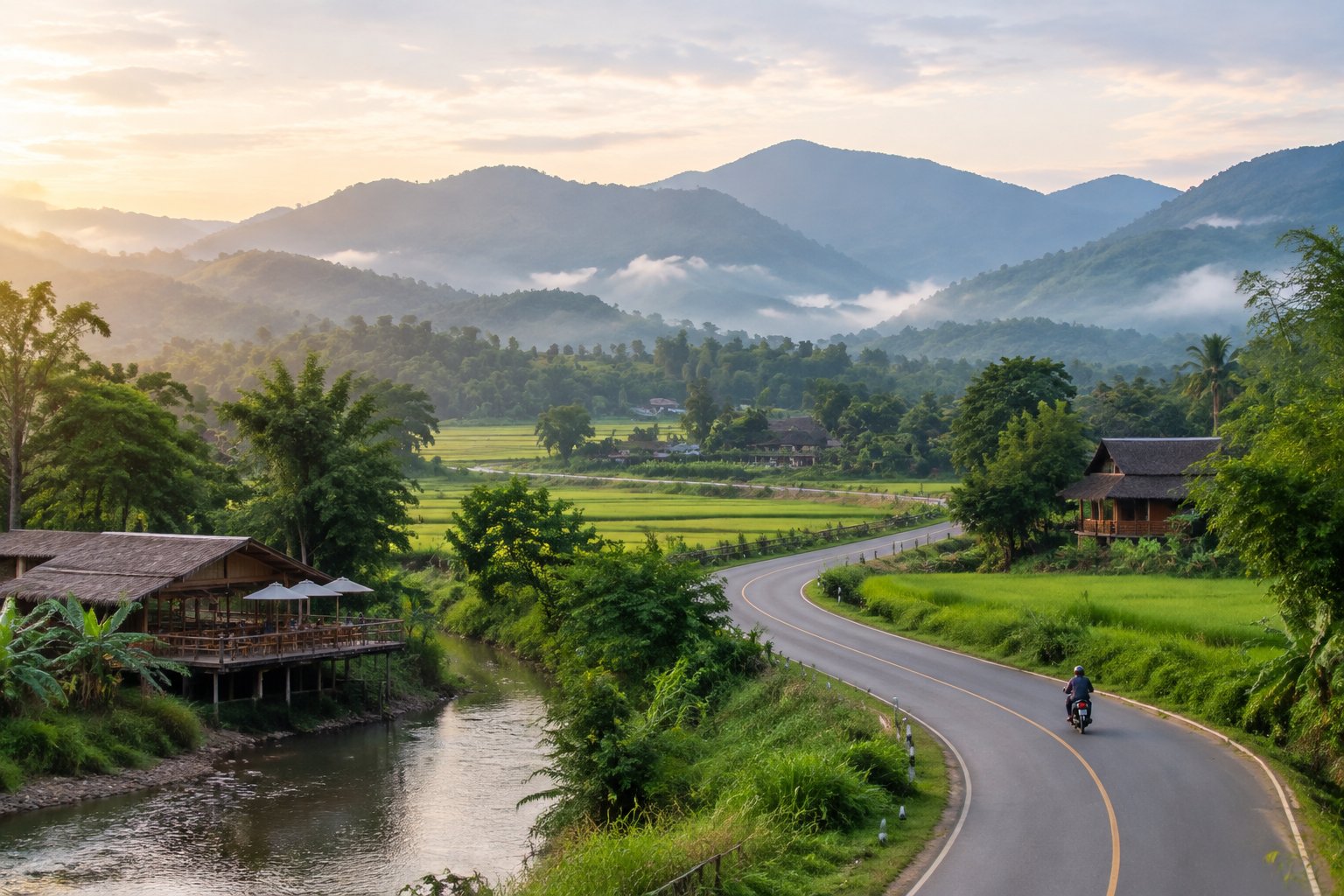 A winding road crosses a green valley beneath the mountains near Pai.